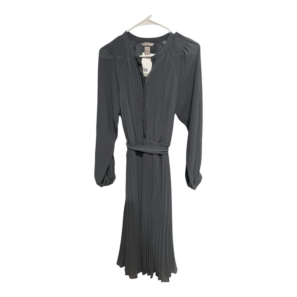 Blue pleated long sleeve tie waist midi dress NWT
